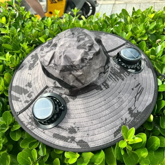 Wide Brim Solar Fan Hat With Dual Fans And USB Charging
