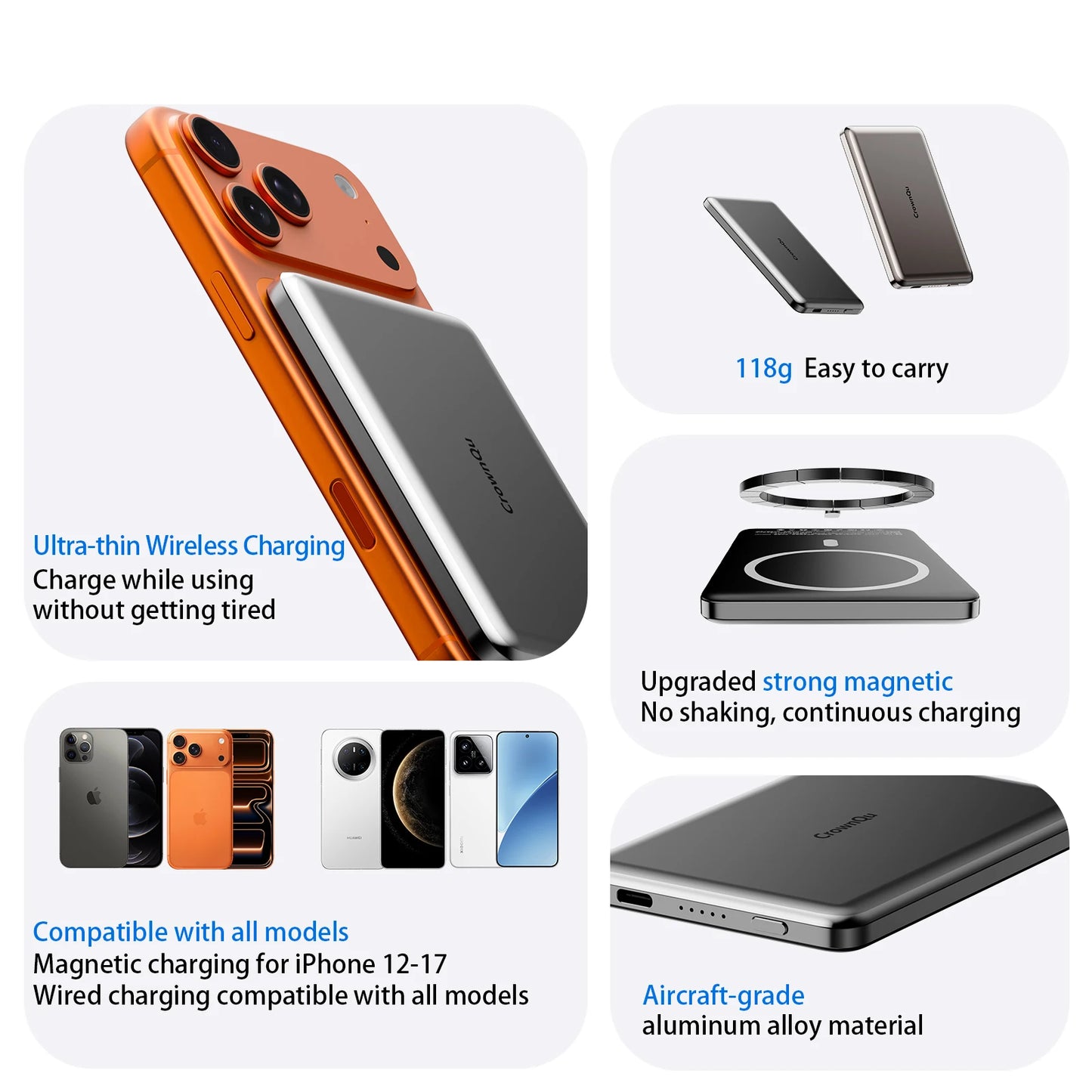 Metal Magnetic Wireless Power Bank 20W USB-C Fast Charging Protable External Battery for iPhone 17 16 15 14 13 12 Smartphone
