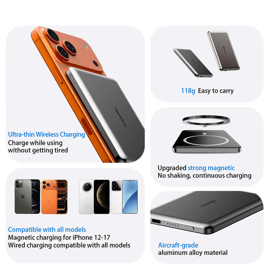 Metal Magnetic Wireless Power Bank 20W USB-C Fast Charging Protable External Battery for iPhone 17 16 15 14 13 12 Smartphone