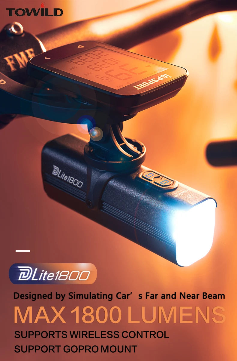 DLite 1800LM Bicycle Lights Focus/Flood Beam Switch Smart Bike Light 5000mah Rechargeable Power Bank Mtb Bicycle Lights