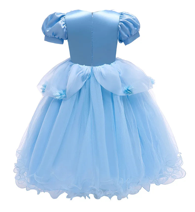 Summer Girls Flower Cosplay Costume Ball Gown Princess Kids Blue Clothes Dress Lace Mesh Birthday Party Clothes for Children
