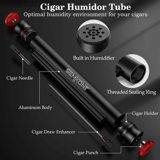 Travel Cigar Tube, Portable Aluminum Cigar Storage Tube Built in Humidifier, with Dual Cigar Punch Cigar Needle Cigar Holder