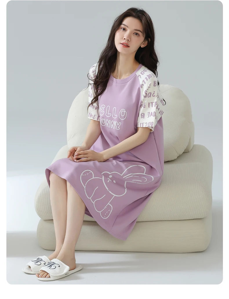 Women’s Cotton Nightgown – Korean Style Cute Print, Summer Short Sleeve Sleepwear Dress