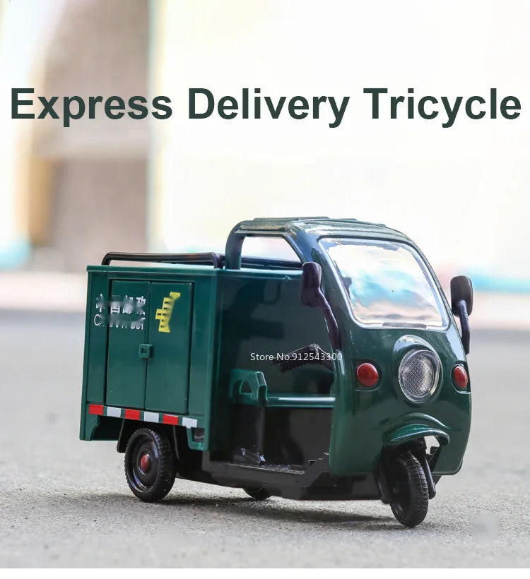 1/32 Scale Express Delivery Tricycle Model Car Toy Steerable Front Wheels Sound Light Pull Back Vehicle Models Gifts for s