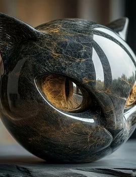 Cat Head Statue - Elegant Marble-like Glossy Resin Sculpture with Golden Eyes & Black Marble Texture,Desktop Decor for Home/Offi