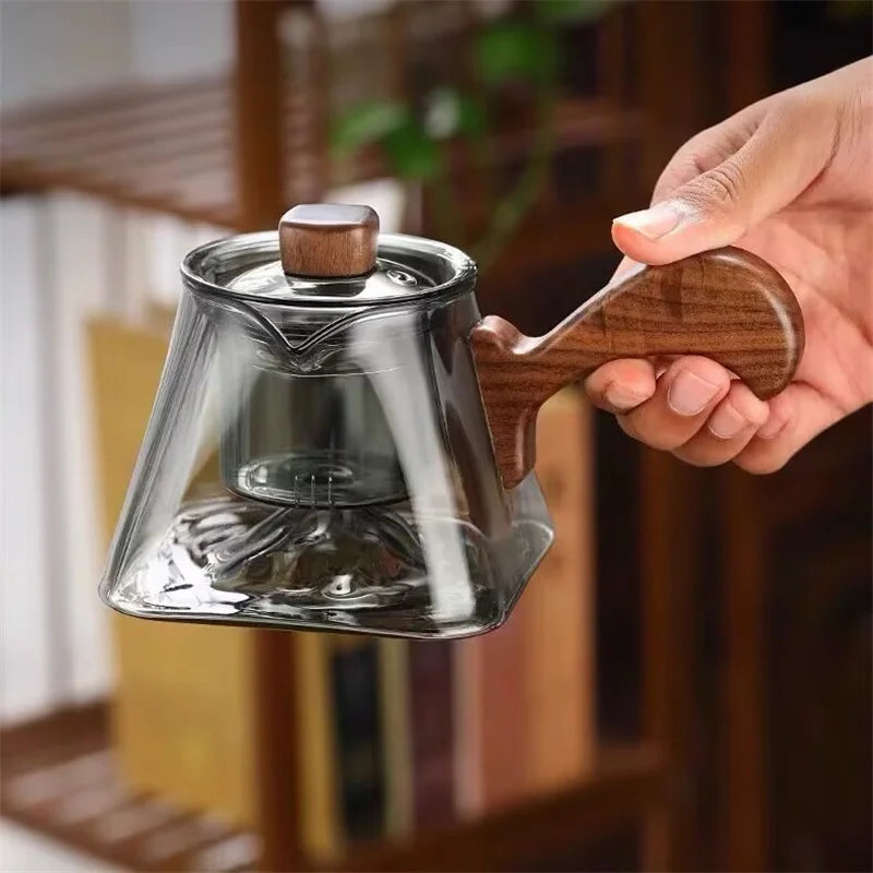 450ml Square Bottom Mountain Glass Teapot With Infuser Side Wooden Handle Tea Pot Puer Oolong Tea Maker Kungfu Tea Set