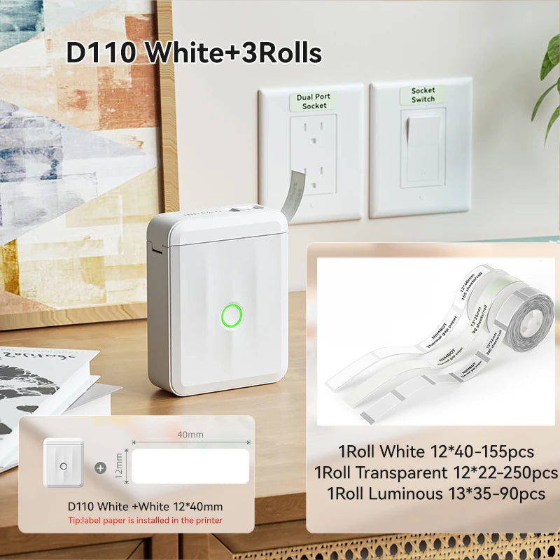 D110 Mini Thermal Label Printer, Bluetooth Portable Smart Label Maker 12–15mm, Inkless Sticker Printer for Home Office Kitchen School