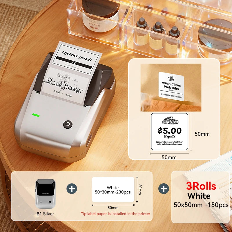 B1 Portable Thermal Label Printer 2 Inch, Bluetooth Mini Sticker Maker, Wireless Inkless Label Printer for Smartphone & PC