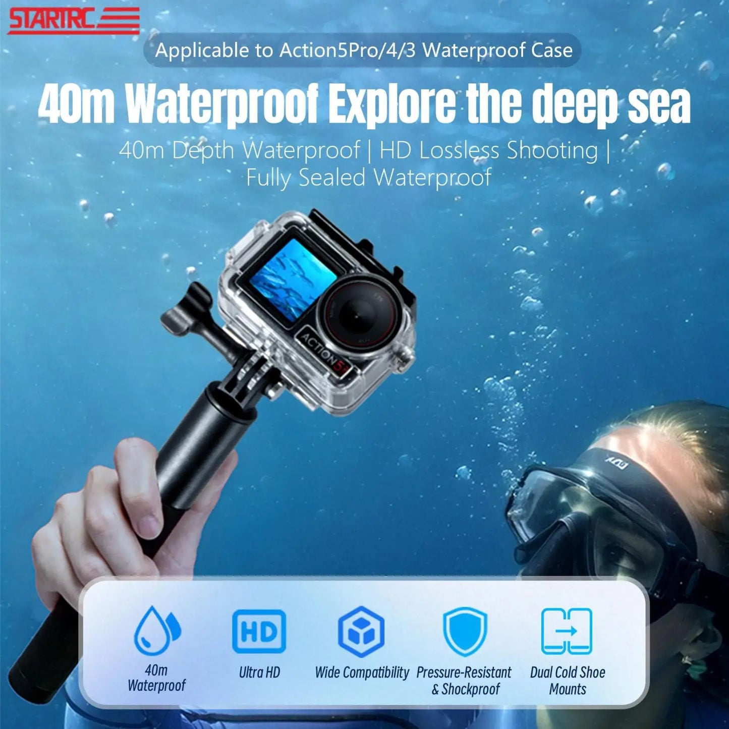 40 Metre Waterproof Diving Housing Case for DJI Osmo Action 3 4 and 5 Pro