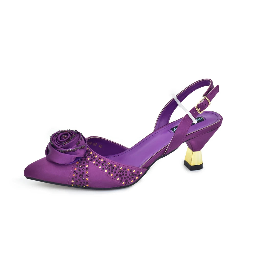 Italian Wedding Matching Shoes and Bags Decorated with Handmade Flowers Diamonds Pointed Toe Women Pumps with Purse