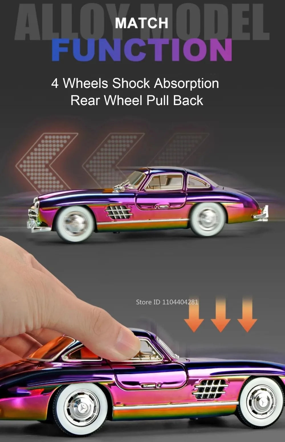 1:24 Phantom 300SL Alloy Diecast Vintage Car Miniature Model Toys Sound Light Pull Back Doors Opened Ornament s Festival Gift