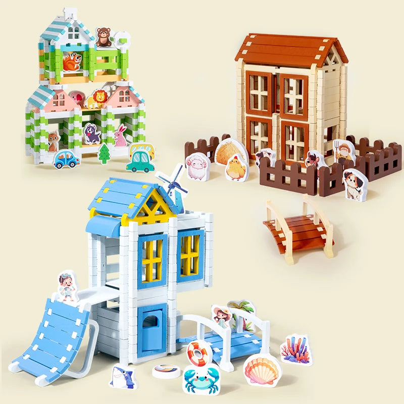 Wooden Beach Villa Building Blocks Construction Toy Set