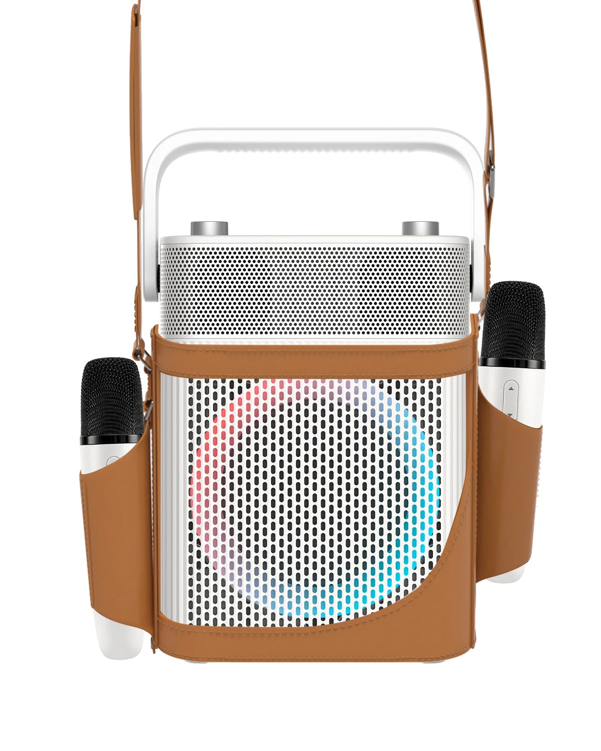 Portable Karaoke Machine with 2 UHF Wireless Microphones, Bluetooth Speaker with Leather Bag, IPX4 Waterproof, 18H Playtime, Extra Bass Sound