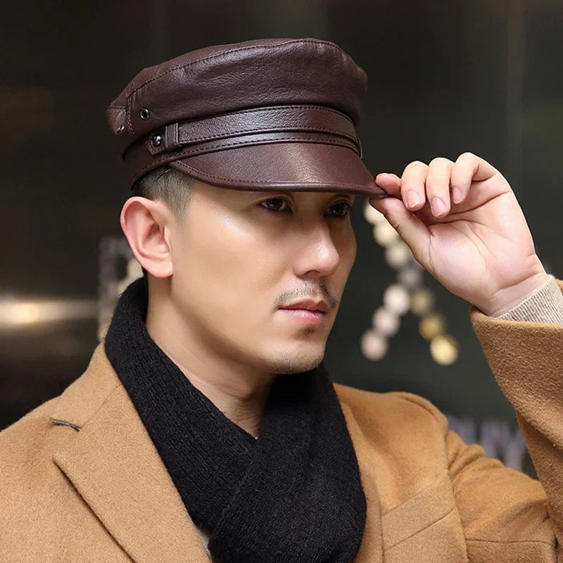 High Quality Genuine Leather Unisex Army Hat Winter Warm Outdoor First Layer Sheepskin Leather Hat Military Hat