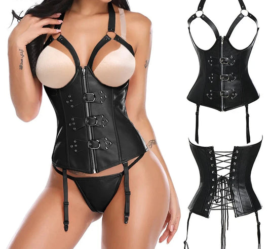 Bustiers & Corsets Leather Steampunk Underbust Corsets with Garters Belt Lace Up Boned Bustiers Tops Lingerie Set Nightwear