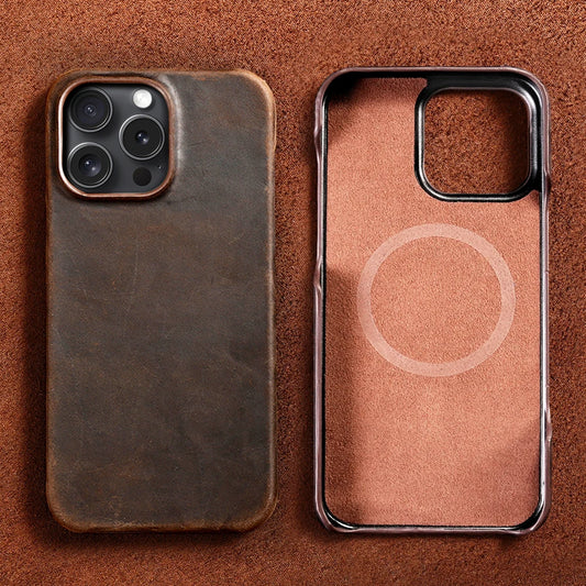 for Magsafe Case for iPhone 15 16 Pro Max 16Pro Retro Luxury Full Grain Cowhide Genuine Oiled PULL-UP Leather  Cover