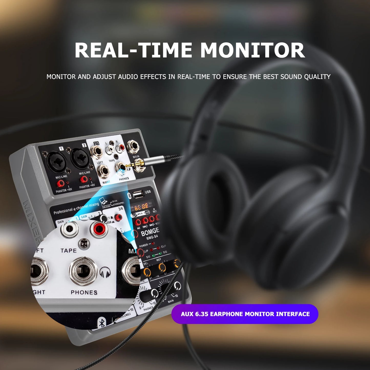 Professional 4 Channel Audio Mixer with USB Bluetooth Echo Delay and 48V Phantom Power