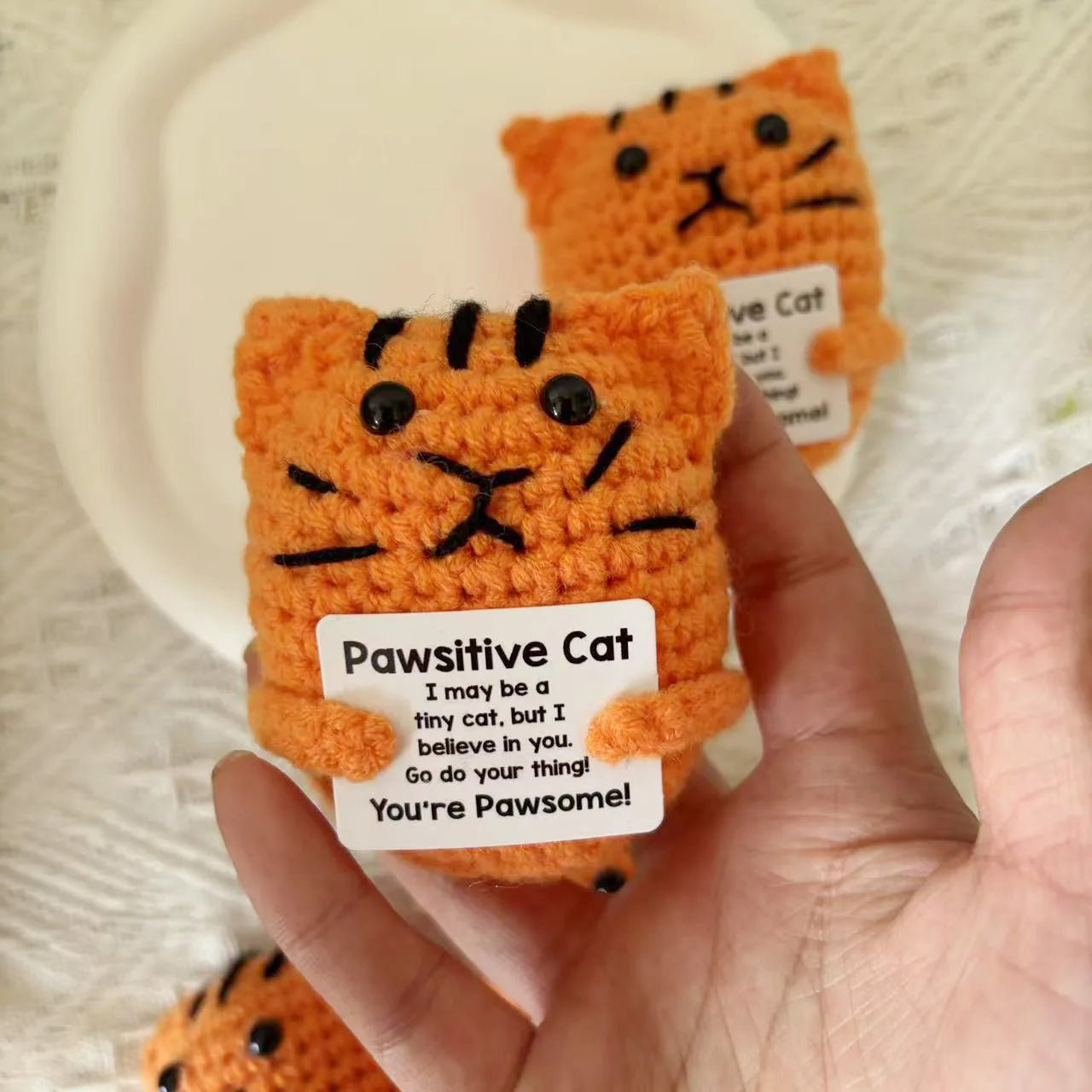 3 Pcs Positive Energy Cat Hug Pocket Doll Mini Handmade Plush Wool Knitting Doll With Card Funny Christams Gift Home Room Decoration