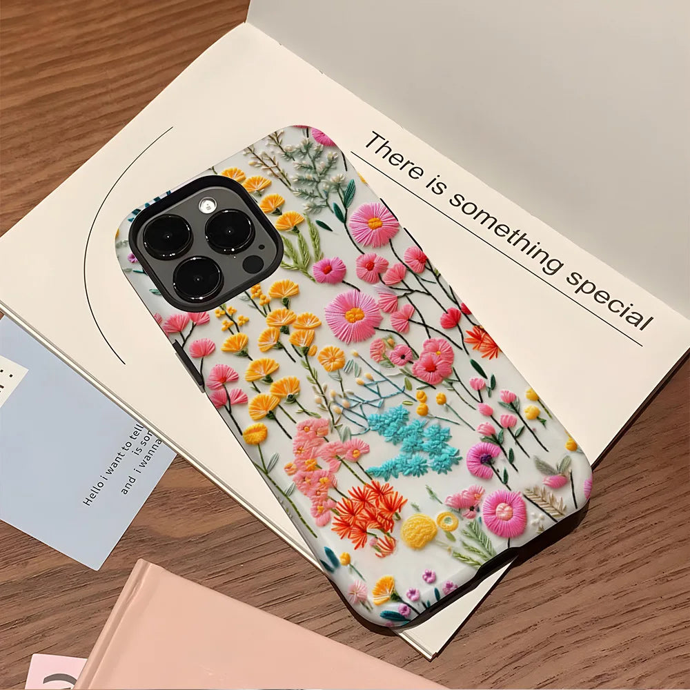 Wildflower Boho Embroidery Effect Flower Case for iPhone 16 15 Pro Max 14 Plus Protective 2 in 1 Double Deck Cover