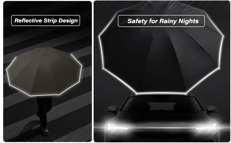 Ring Buckle Automatic Umbrella: Reflective Safety Strip，Reverse Folding, Lightweight Compact Travel Portable