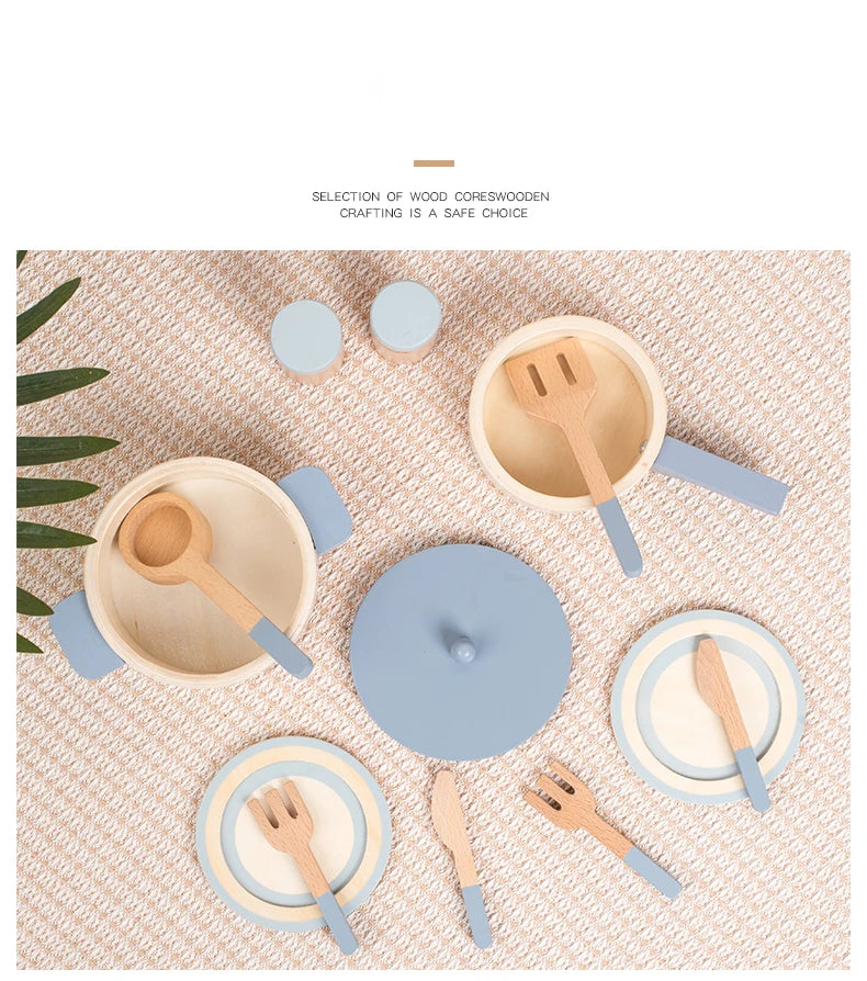 Wooden Pretend Play Kitchen Set with Pots Pans and Utensils