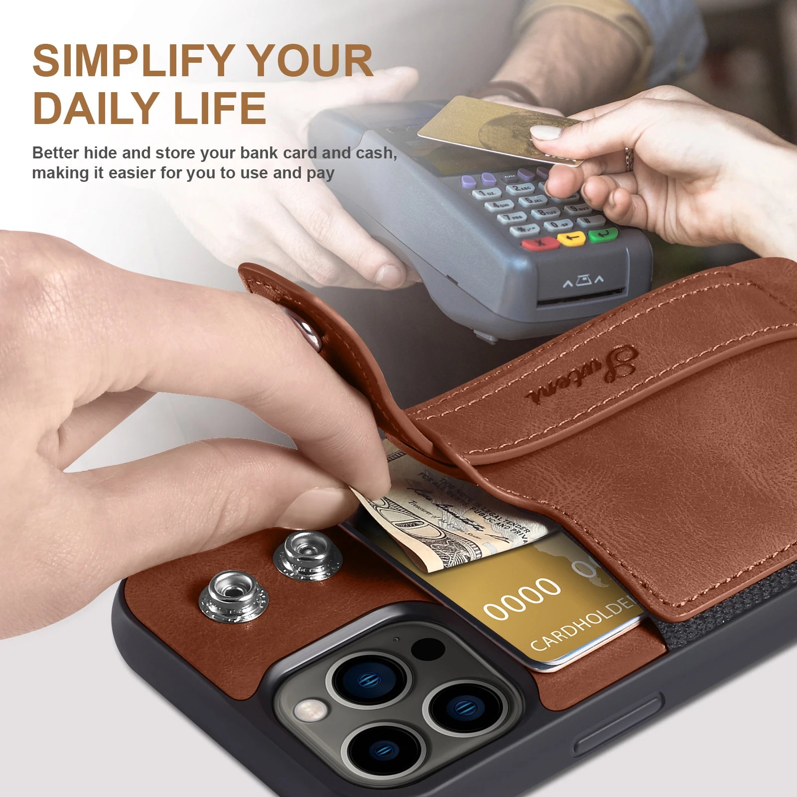 Luxury Leather Phone Case for iPhone 15 Pro Max 14 Plus 15Pro with Card Slot & Wrist Strap Holder Back Cover