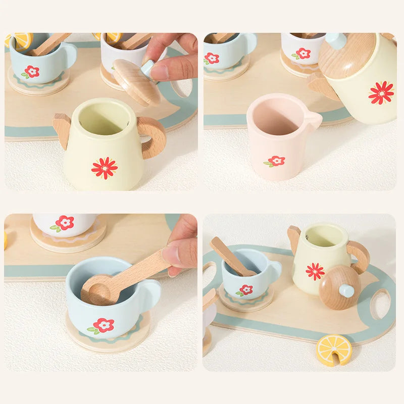 Wooden Tea Set Pretend Play Toy with Teapot and Teacups