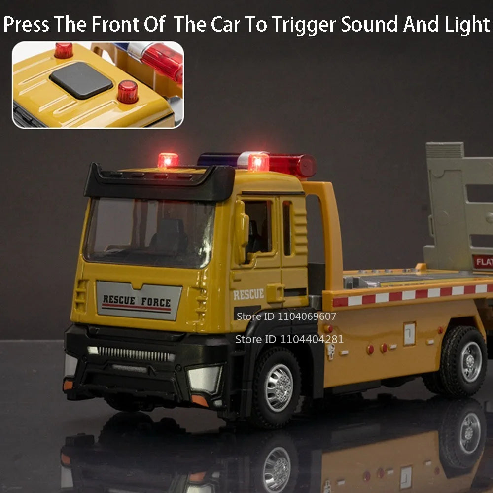 1:32 Alloy Flatbed Trailer Excavator Blender Truck Model Toys Diecast Car Sound Light Pull Back Miniature Vehices Boys' Fun Toys