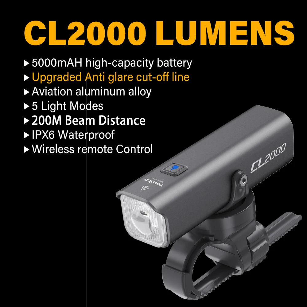 CL2000 Bicycle Light With Cut-off Line Beam 2000LM Rechargeable 5000mAh Led Bike Front Lights IPX6 MTB Cycling Headlights