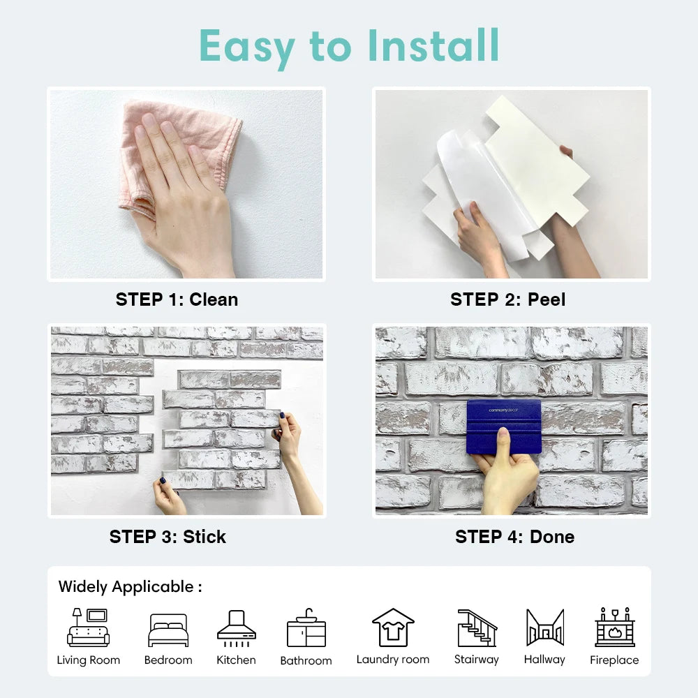 10pcs 3D Tile Stickers, 3D Whitewash Brick Textures, Matte, 30cm x 30cm, Water and Mold Resistant, for Living Room Kitchen Wall Update