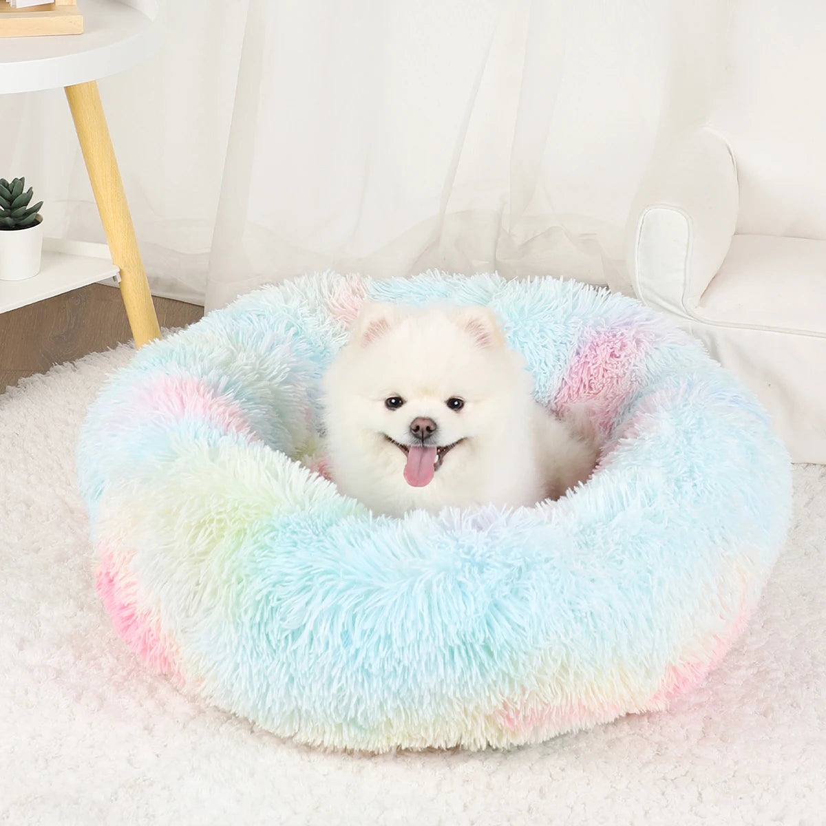 Round Plush Donut Dog Bed Washable Pet Cushion