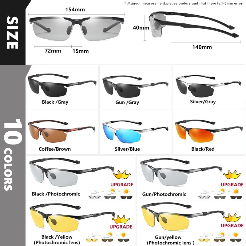 Aluminum Rimless Photochromic Polarized UV400 Day Night Driving Sunglasses for Men Women
