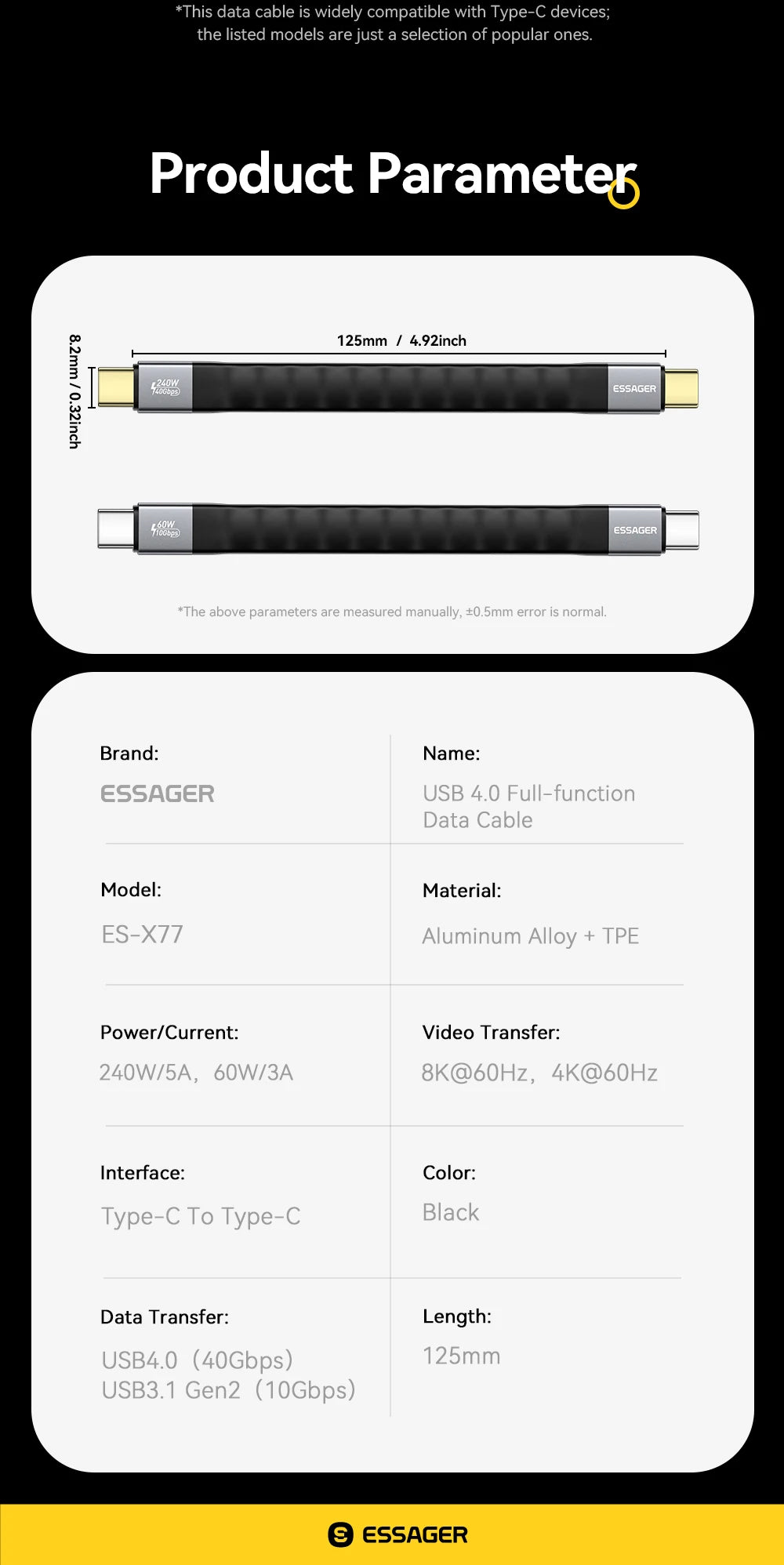 USB 4.0 Type-C Cable 40Gbps | 8K@60Hz | 240W PD Fast Charging (12.5cm)