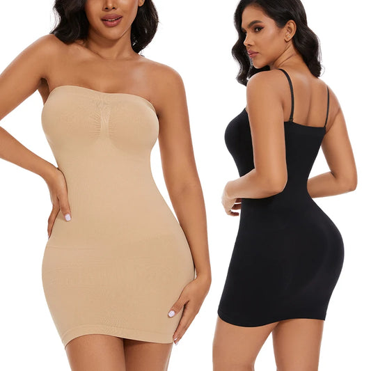 Full Slip Shapewear Women Dress Off Shoulder Bodycon Strapless Underdress Smooth Compression Body Shaper Slimming Waist