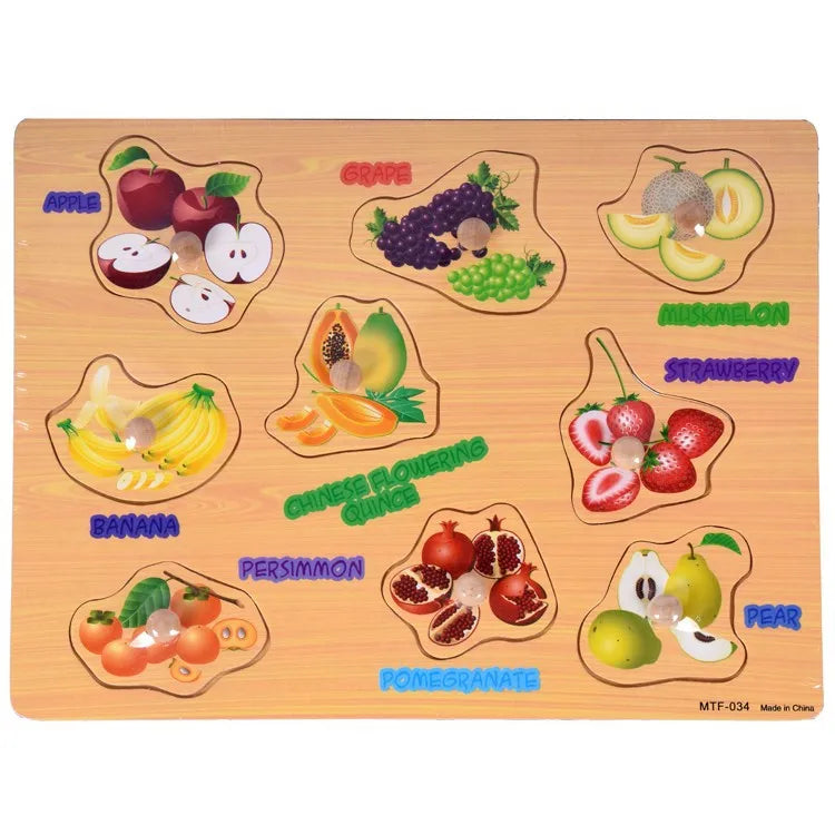 Montessori Wooden Puzzles Hand Grab Boards Toys Tangram Jigsaw  Educational Toys Cartoon Vehicle Animals Fruits 3D Puzzles