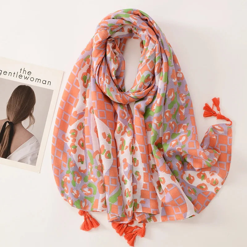 Beige Coffee Scarf Luxury Thin Women Scarves Spring Floral Hijab Veils Soft Cotton Shawl Wrap Tassel Viscose Muslim Woman Hijab