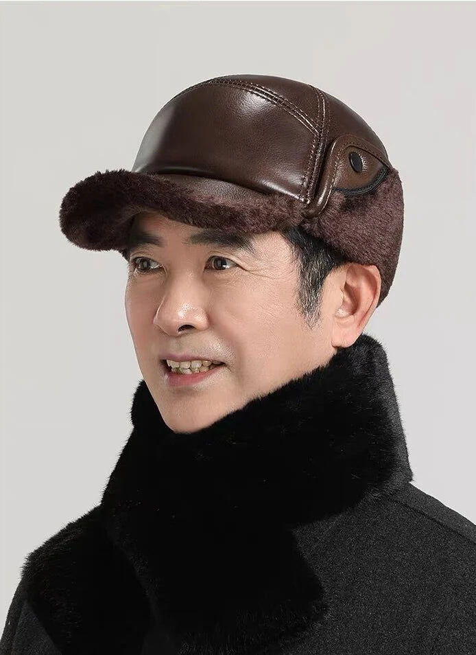 Winter Men's Hat Thicken Leather Cowskin Baseball Caps Bomber Hats With Ears Warm