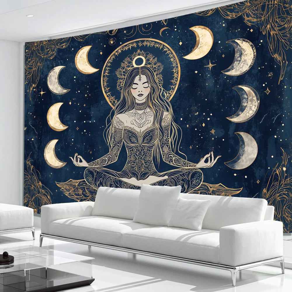 Moonlight Witch Meditation Tapestry Starry Moon Meditation Space Bohemian Style Bedroom & Living Room Decor