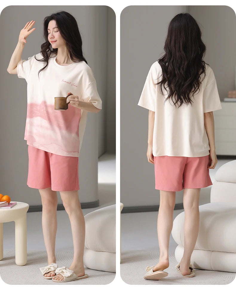 2-Pcs Women’s Cotton Pajama Set – Breathable Short Sleeve Summer Sleepwear with Cute Prints