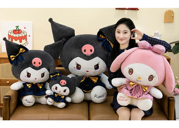 Kawaii Kuromi Plush Toy Melody Stuffed Doll Sanrio My Melody Dress Gift for Kids Birthday Xmas Girls Bedtime Pillow Wholesale