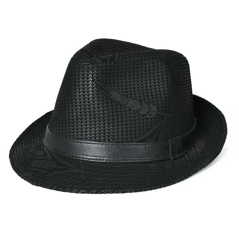 Male Perform High Quality Genuine Leather Print Jazz Fedora Gentleman Sheepskin Short Brim Top Hat Shows Topper