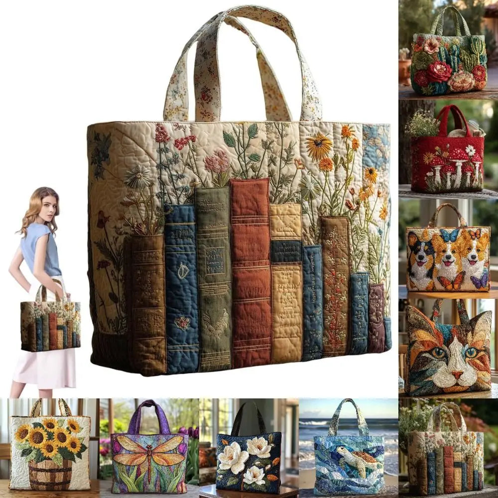Vintage Quilted Canvas Tote Bag Large Capacity 3D Printed Shoulder Handbag