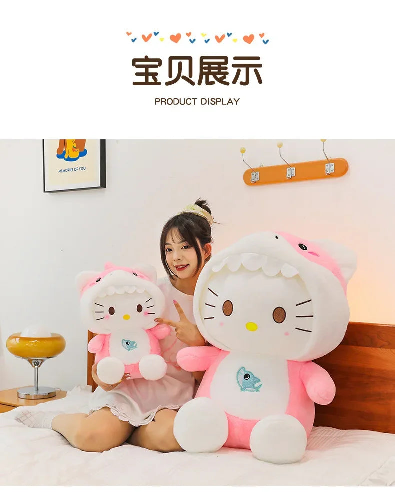 60cm Sanrio Shark Hello Kitty Cat Plush Toys Cartoon KT Cat Plushie Doll Soft Stuffed Anime Pillow Birthday Gifts for Kids Girls