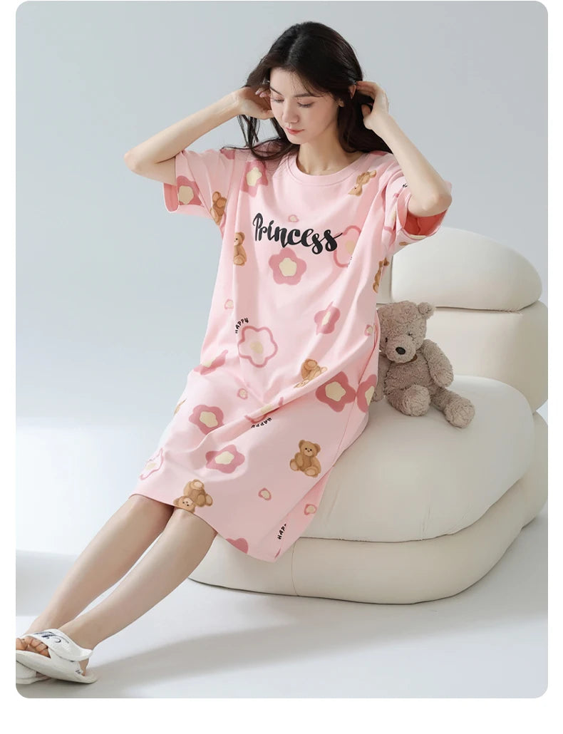 Women’s Cotton Nightgown – Korean Style Cute Print, Summer Short Sleeve Sleepwear Dress
