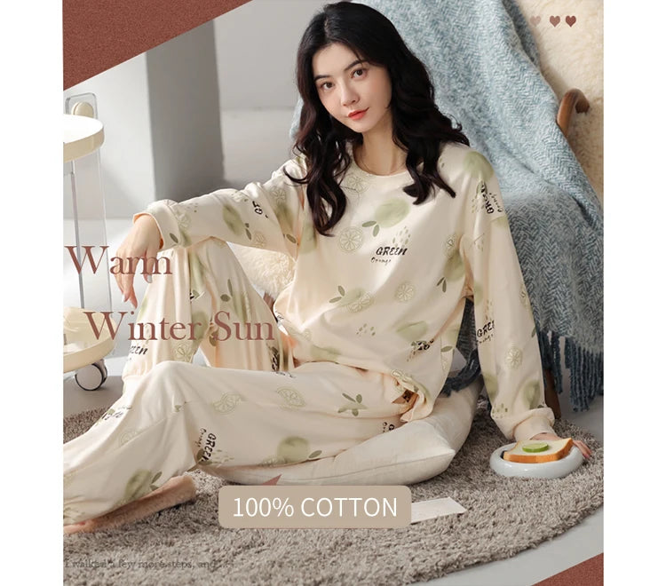 Women’s Cute Lazy Style Cotton Pajama Set – Soft, Loose Long Sleeves & Pants