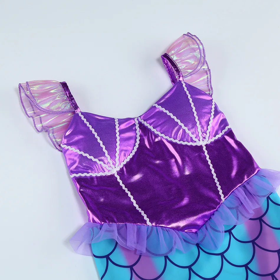 New Blue Red Purple Three Colors Mermaid Flying Sleeve Fishtail Beautiful Dress For Girl Summer Beach Party Cool Gown