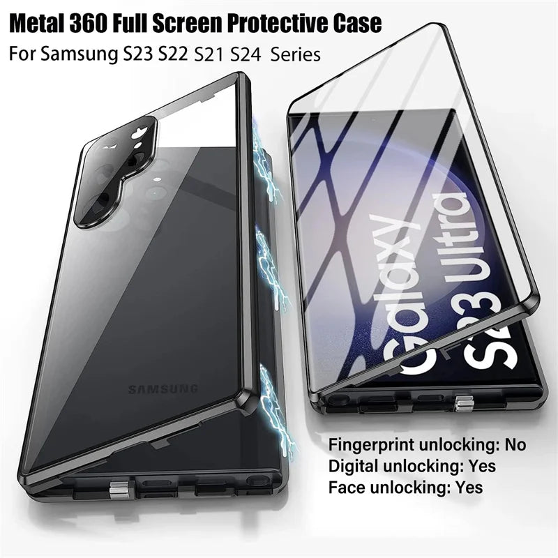 For Samsung Galaxy S24 S23 FE S22 Ultra S24 Plus Full Lens Protection 360 metal Double-sided Glass Buckle Lock  Shell