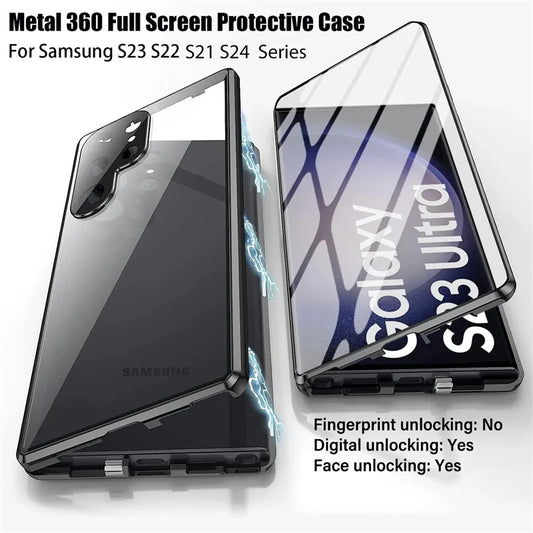 For Samsung Galaxy S24 S23 FE S22 Ultra S24 Plus Full Lens Protection 360 metal Double-sided Glass Buckle Lock Shell