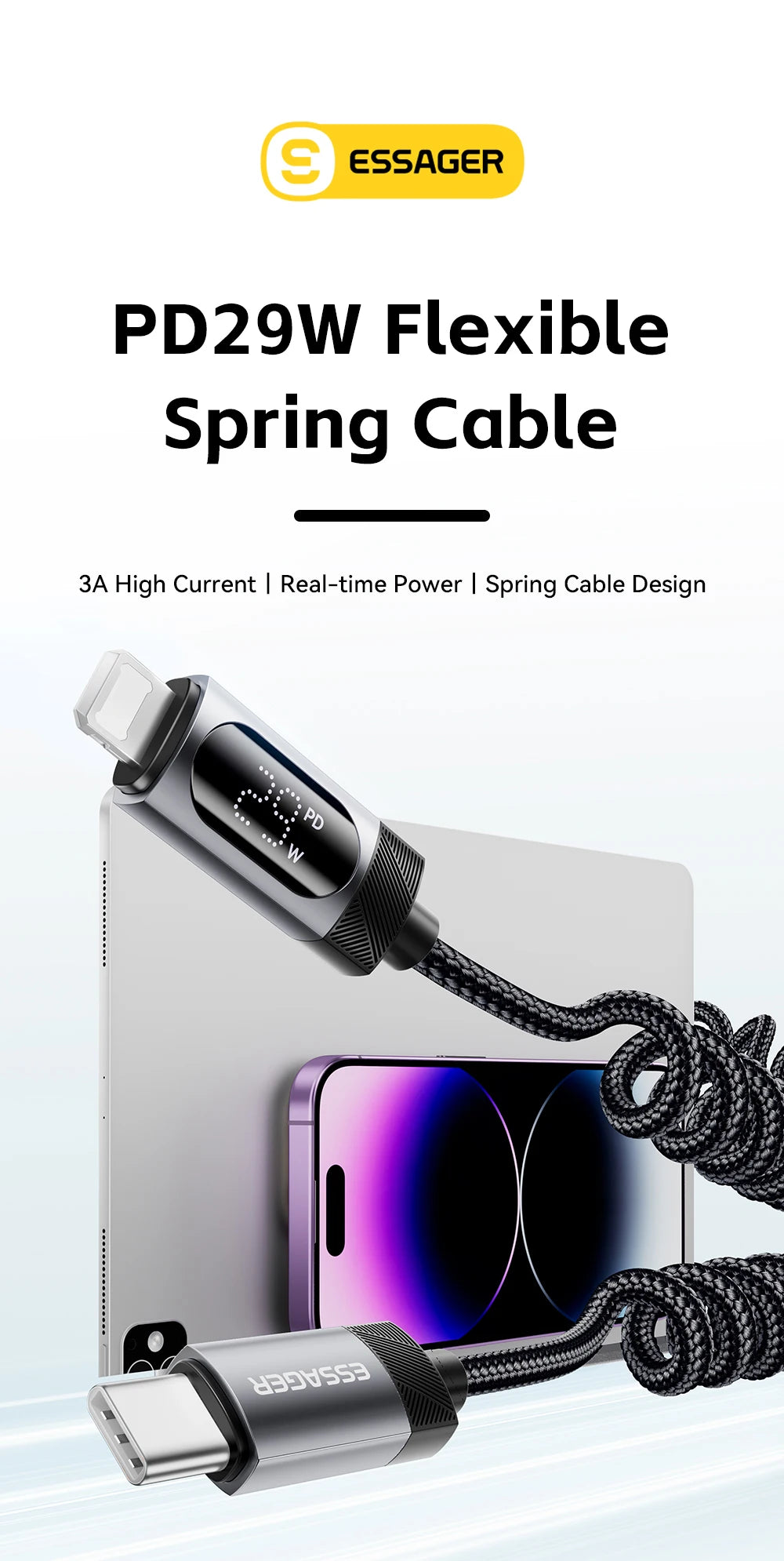 Car Spring USB-C to Lightning Fast Charging Cable with Digital Display
