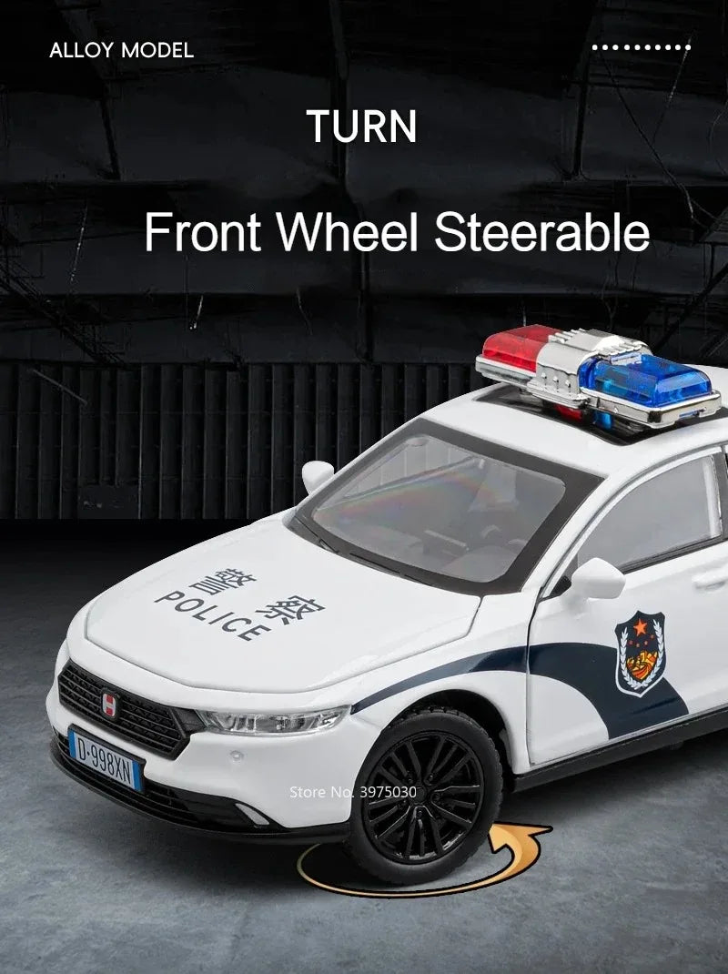 1:32 DongFeng MengShi Honda Accord Police Car Model Toy Metal Diecast Pull Back Doors Opend Vehicles Models Boys Holiday Gifts